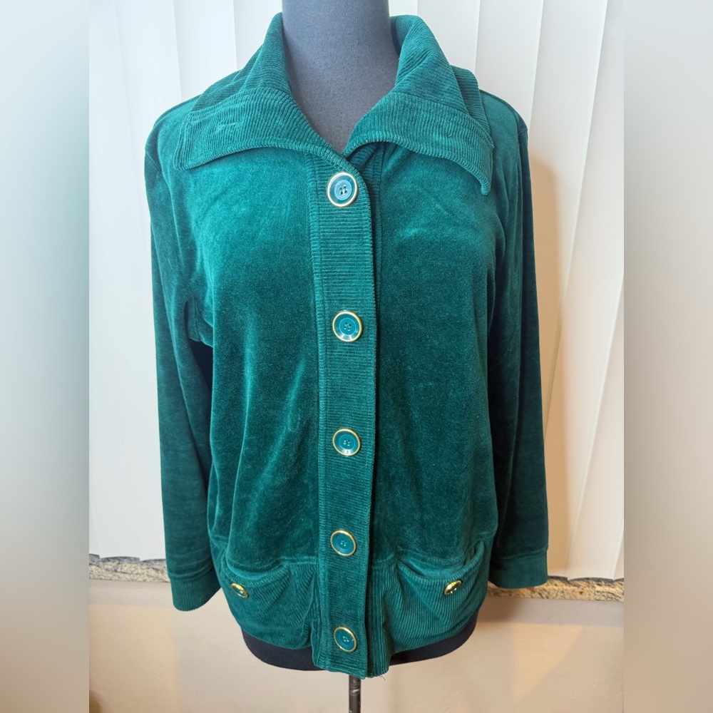 Karen Scott Spirts Emerald Green Velour Cotton Cardigan Jacket Size Medium